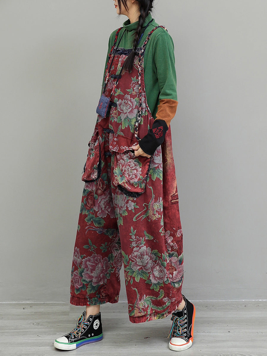 Plus Size Women Vintage Flower Cotton Loose Jumpsuits