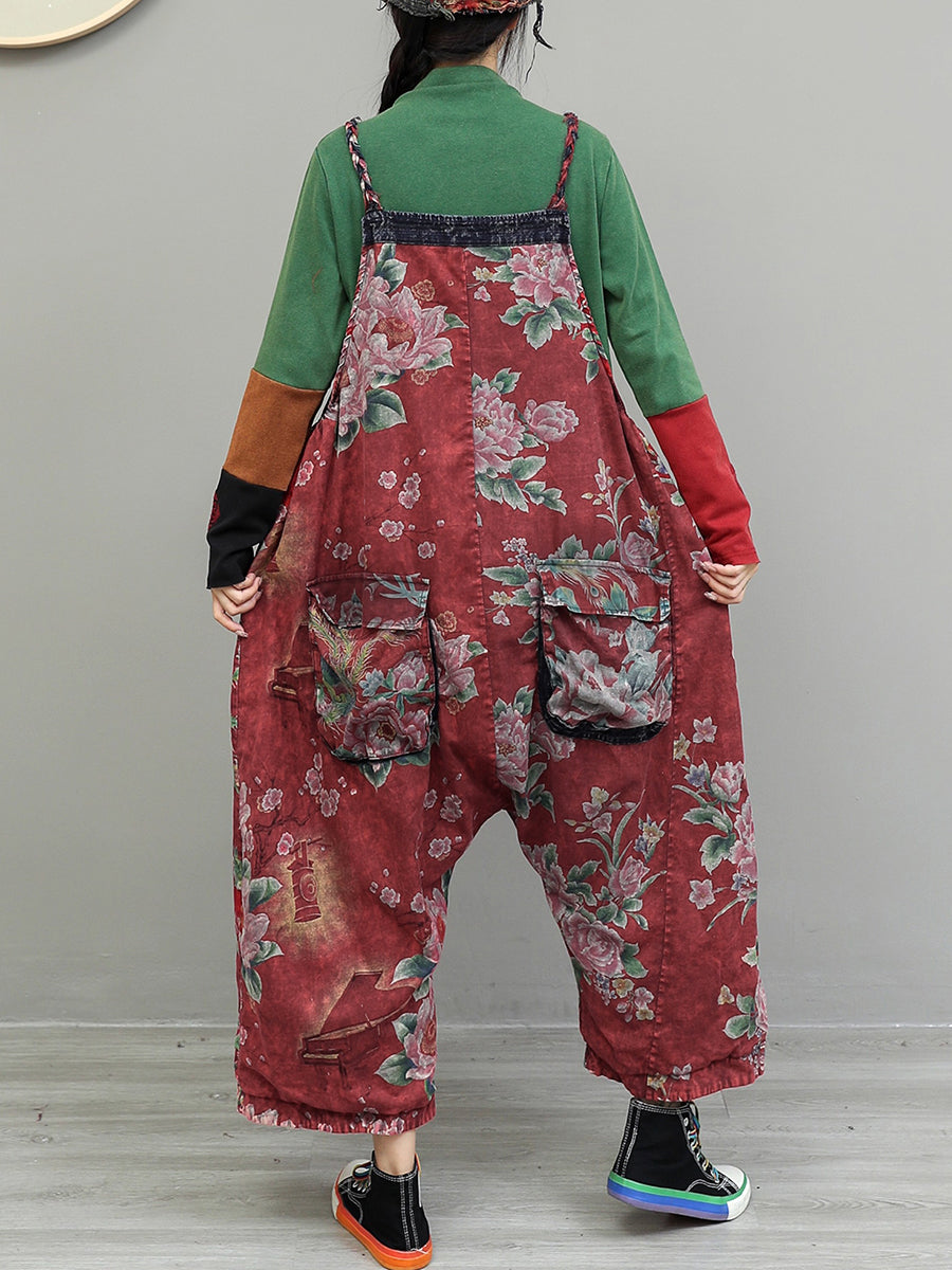 Plus Size Women Vintage Flower Cotton Loose Jumpsuits