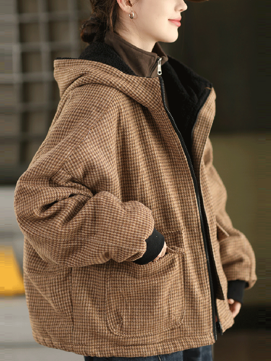Plus Size Women Autumn Vintage Plaid Dual-side Wearring Hooded Jacket