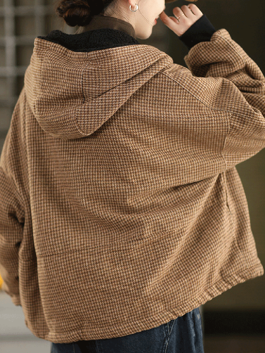 Plus Size Women Autumn Vintage Plaid Dual-side Wearring Hooded Jacket