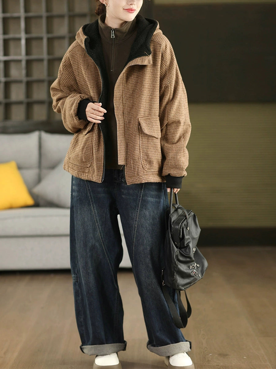 Plus Size Women Autumn Vintage Plaid Dual-side Wearring Hooded Jacket
