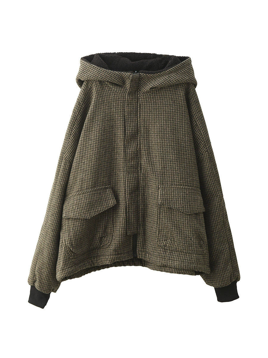 Plus Size Women Autumn Vintage Plaid Dual-side Wearring Hooded Jacket