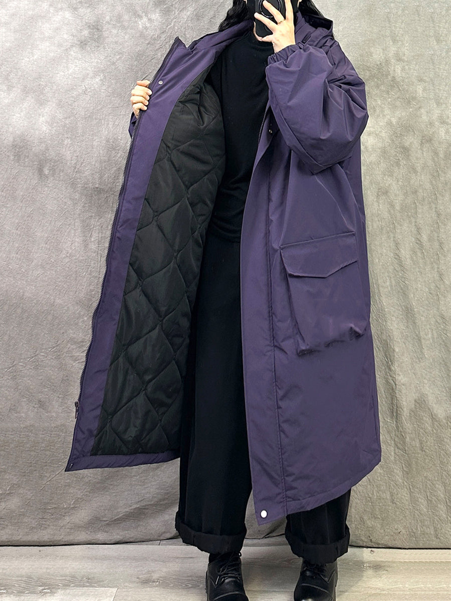 Plus Size Women Winter Casual Pure Color Hooded Padded Coat