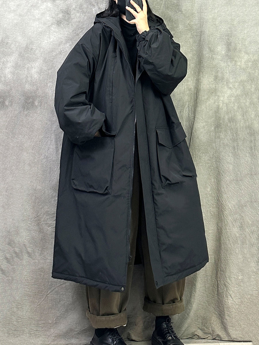 Plus Size Women Winter Casual Pure Color Hooded Padded Coat