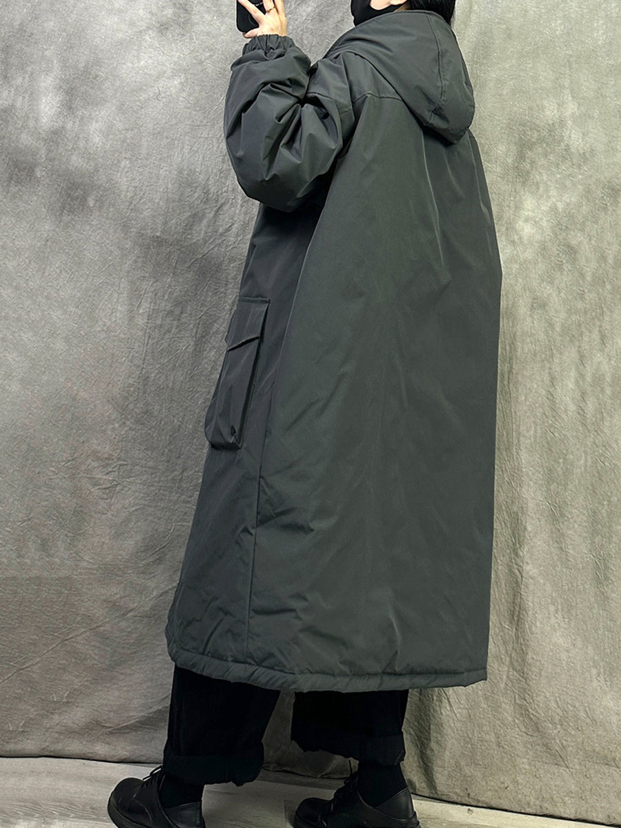 Plus Size Women Winter Casual Pure Color Hooded Padded Coat