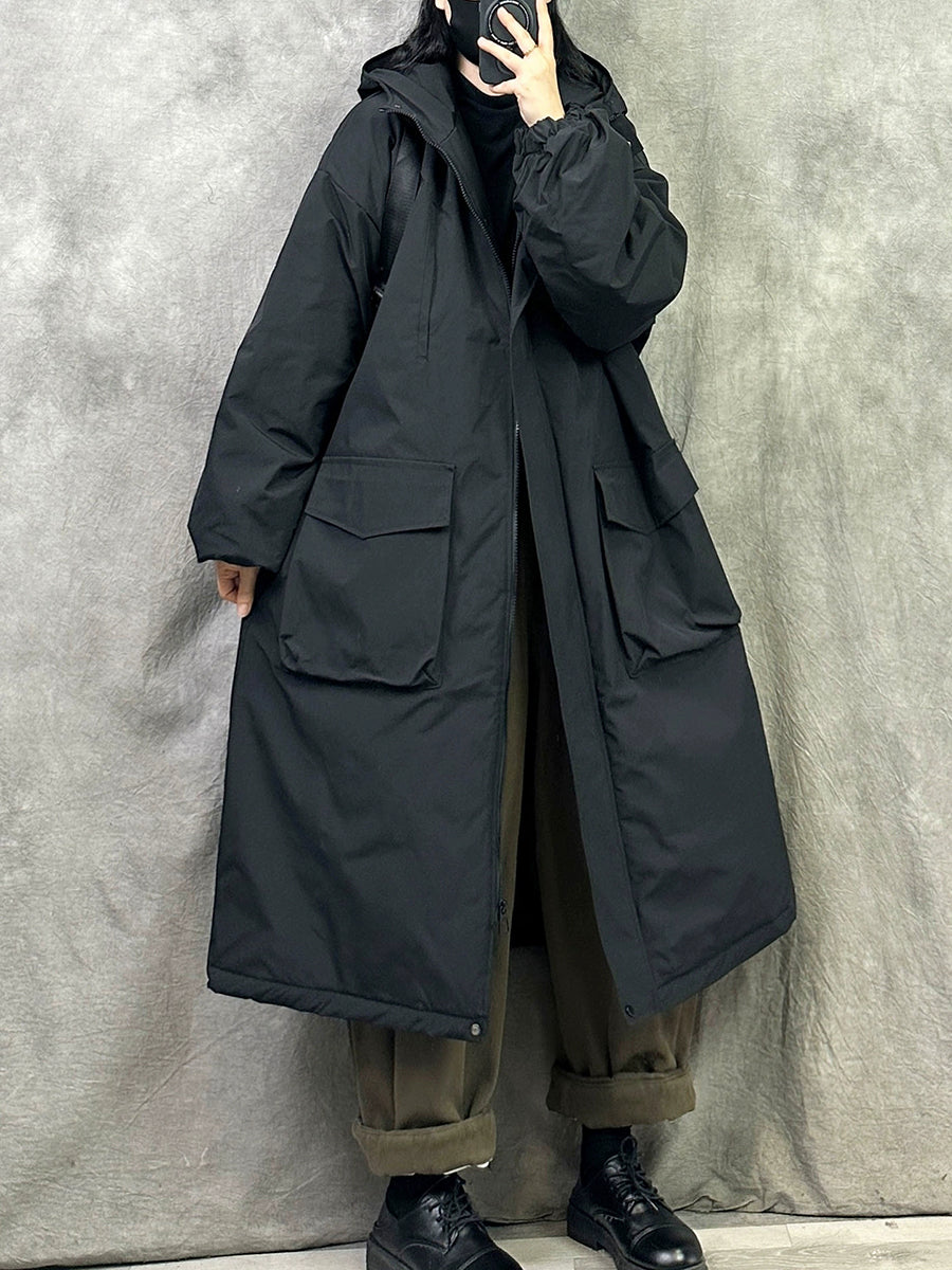 Plus Size Women Winter Casual Pure Color Hooded Padded Coat