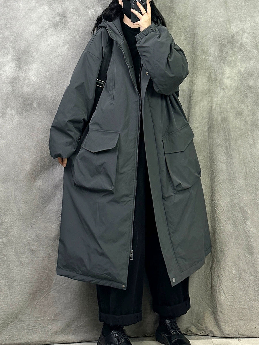 Plus Size Women Winter Casual Pure Color Hooded Padded Coat