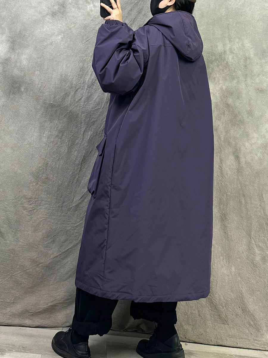Plus Size Women Winter Casual Pure Color Hooded Padded Coat