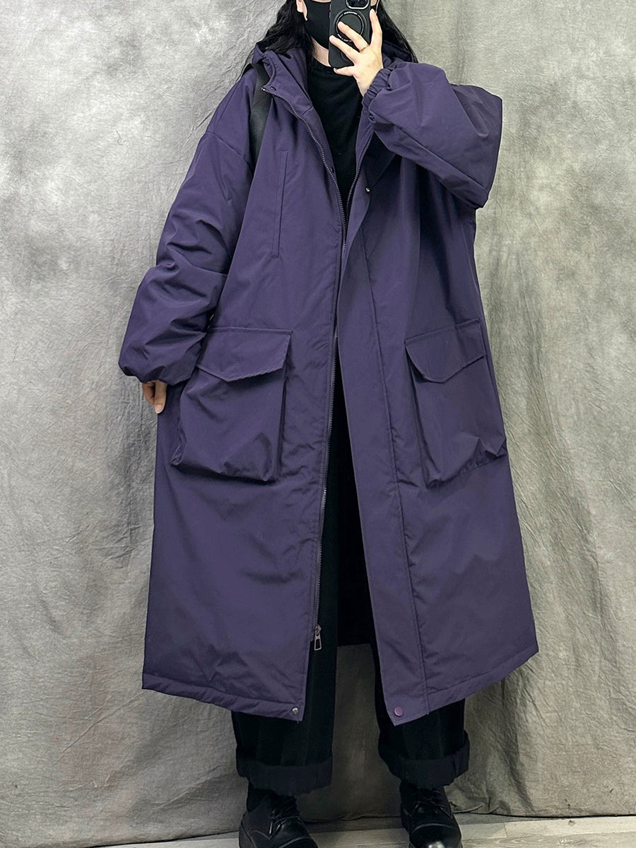 Plus Size Women Winter Casual Pure Color Hooded Padded Coat