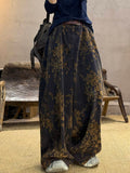 Plus Size Women Autumn Retro Flower Cotton Wide-leg Pants