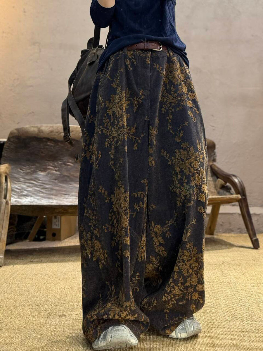 Plus Size Women Autumn Retro Flower Cotton Wide-leg Pants