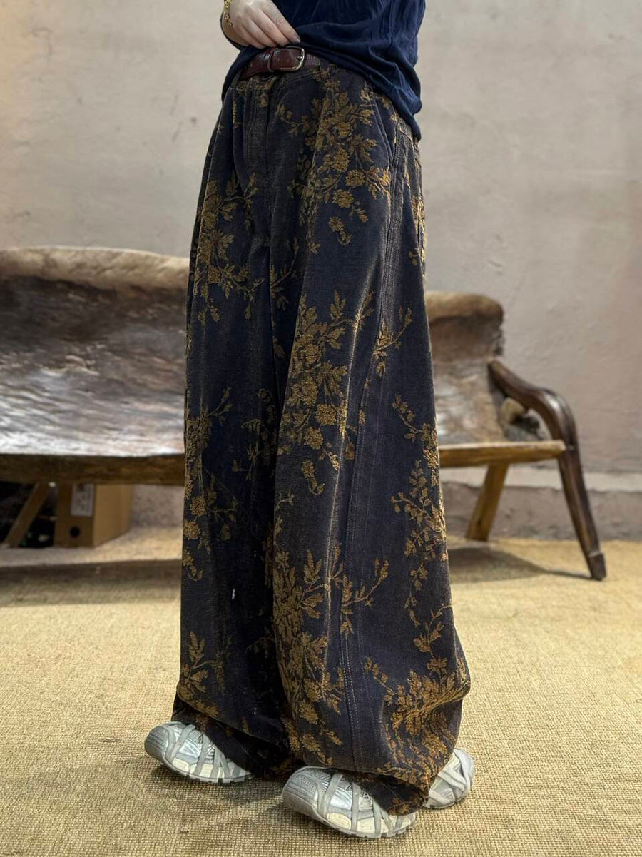 Plus Size Women Autumn Retro Flower Cotton Wide-leg Pants