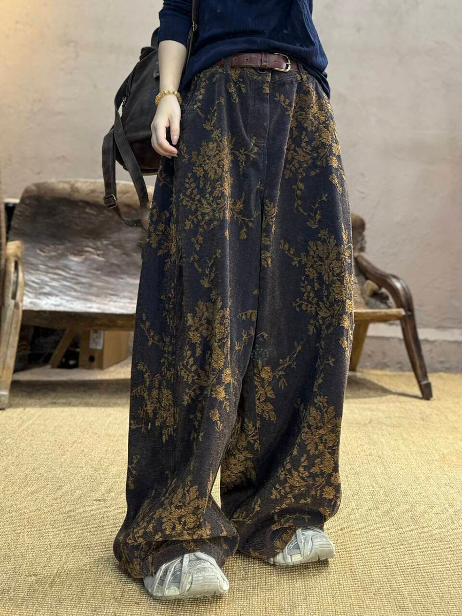 Plus Size Women Autumn Retro Flower Cotton Wide-leg Pants