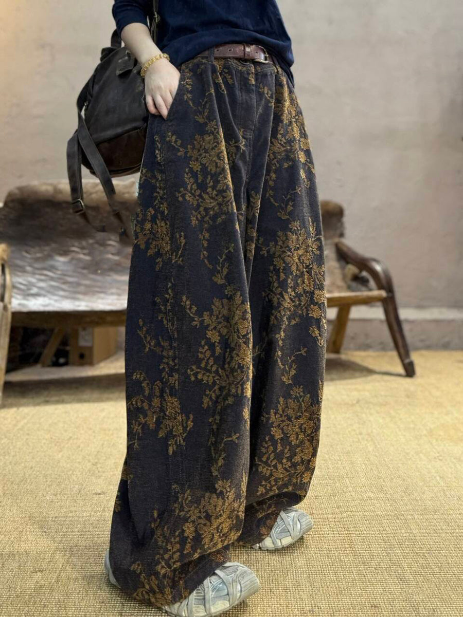 Plus Size Women Autumn Retro Flower Cotton Wide-leg Pants