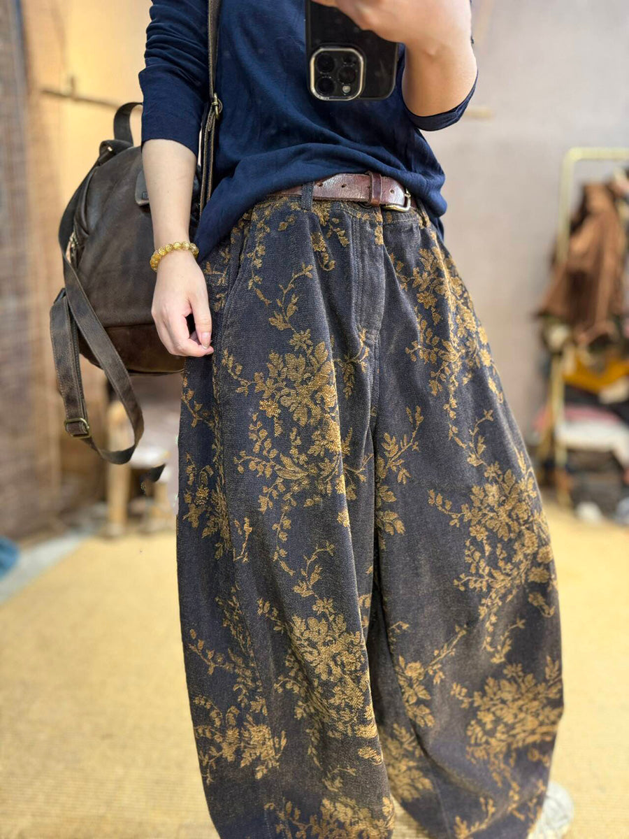 Plus Size Women Autumn Retro Flower Cotton Wide-leg Pants