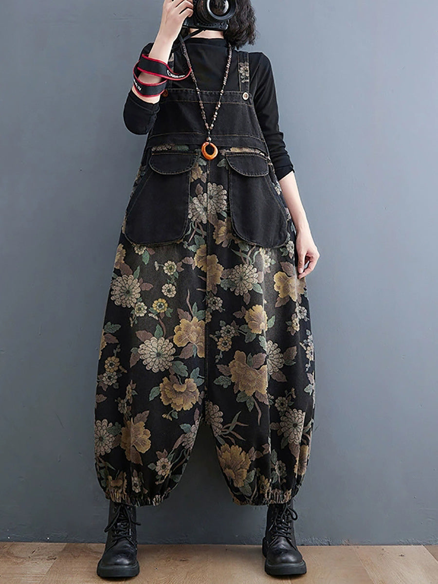 Plus Size Women Autumn Retro Flower Denim Harem Jumpsuits