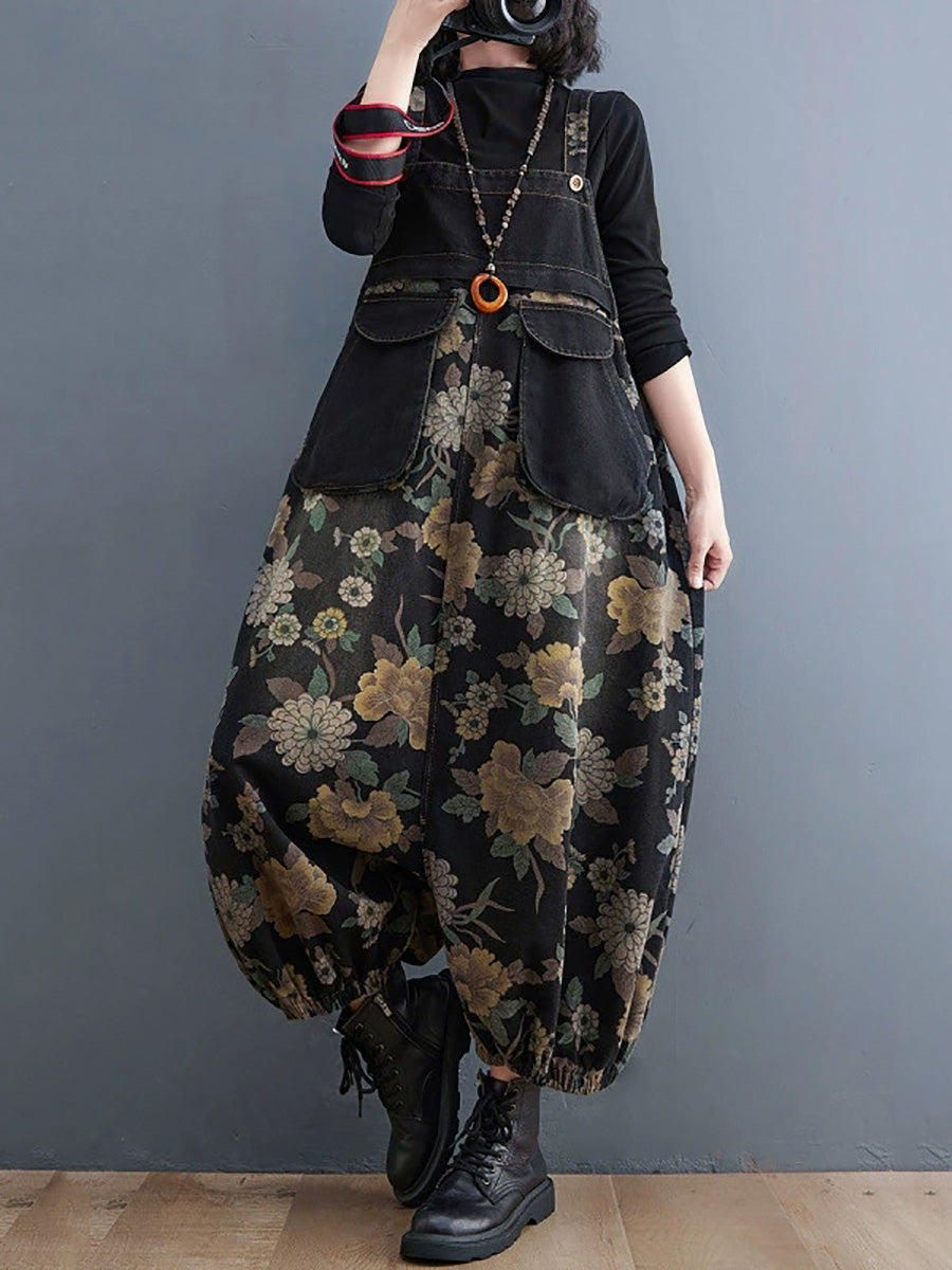 Plus Size Women Autumn Retro Flower Denim Harem Jumpsuits