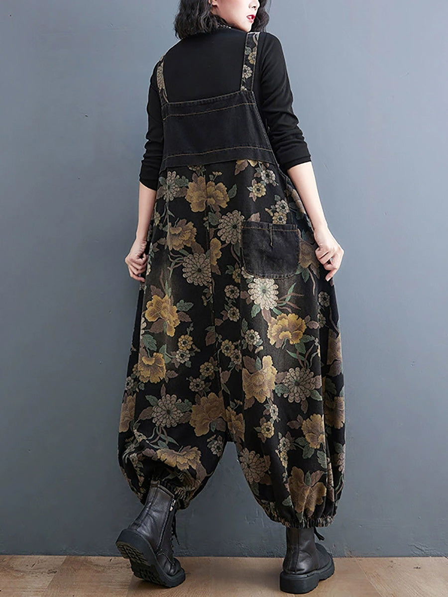 Plus Size Women Autumn Retro Flower Denim Harem Jumpsuits