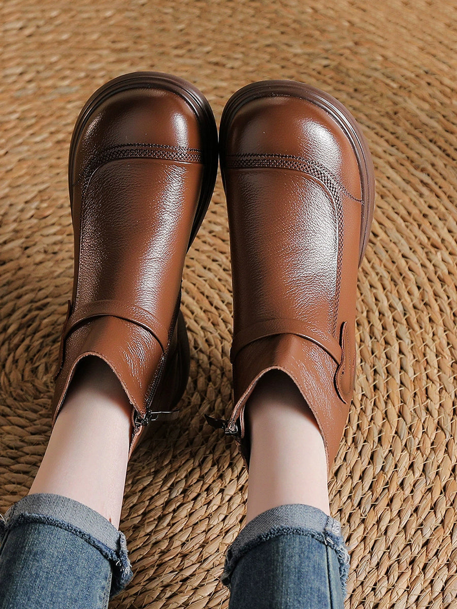 Women Winter Pure Color Leather Mid-Heel Boots