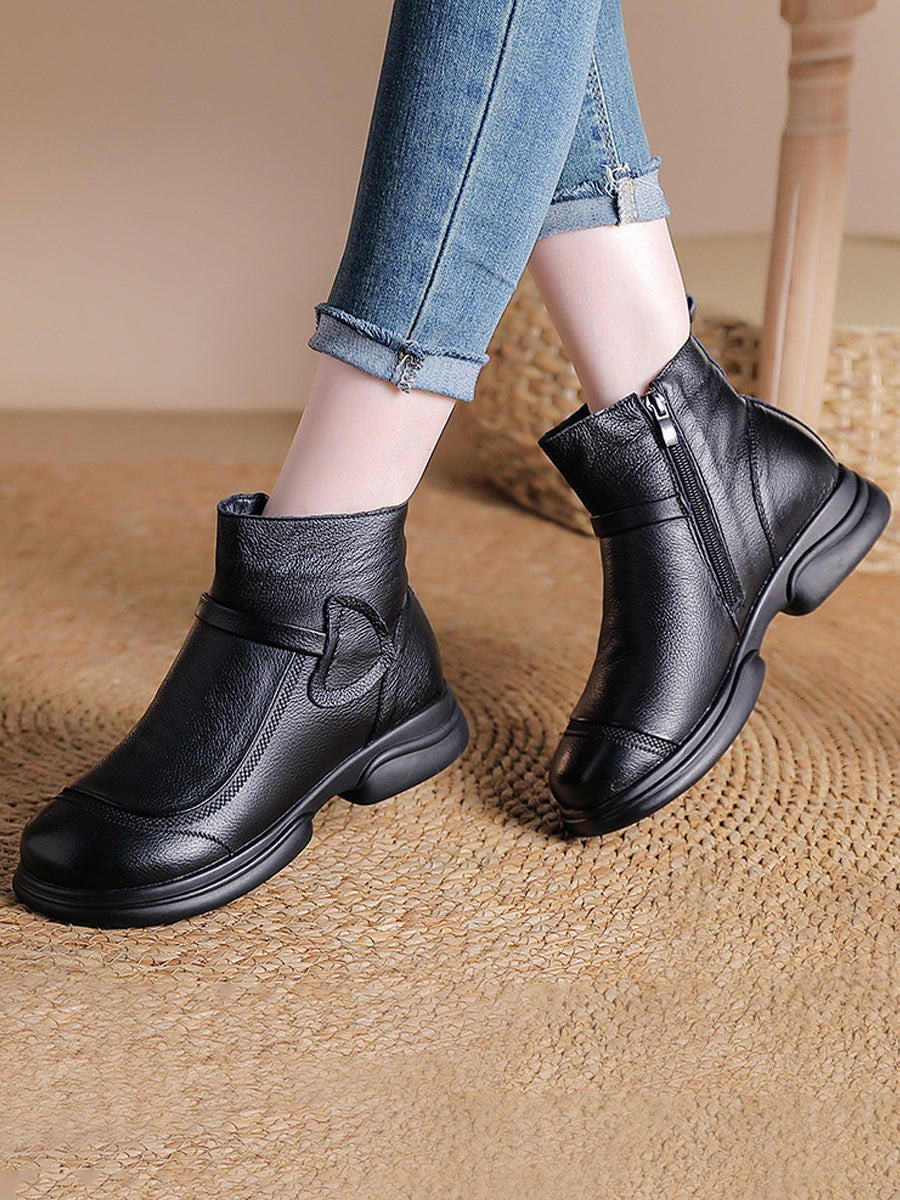 Women Winter Pure Color Leather Mid-Heel Boots