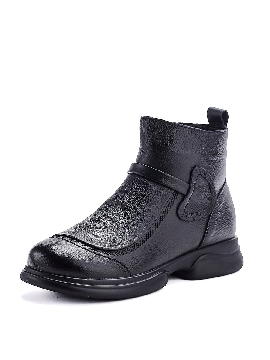 Women Winter Pure Color Leather Mid-Heel Boots