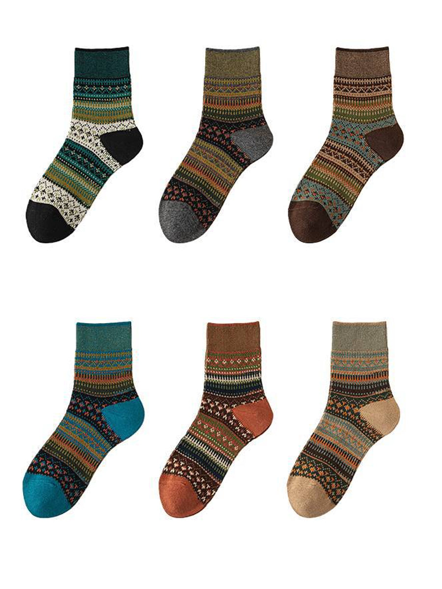 6 Pairs Women Winter Vintage Stripe Cotton Socks