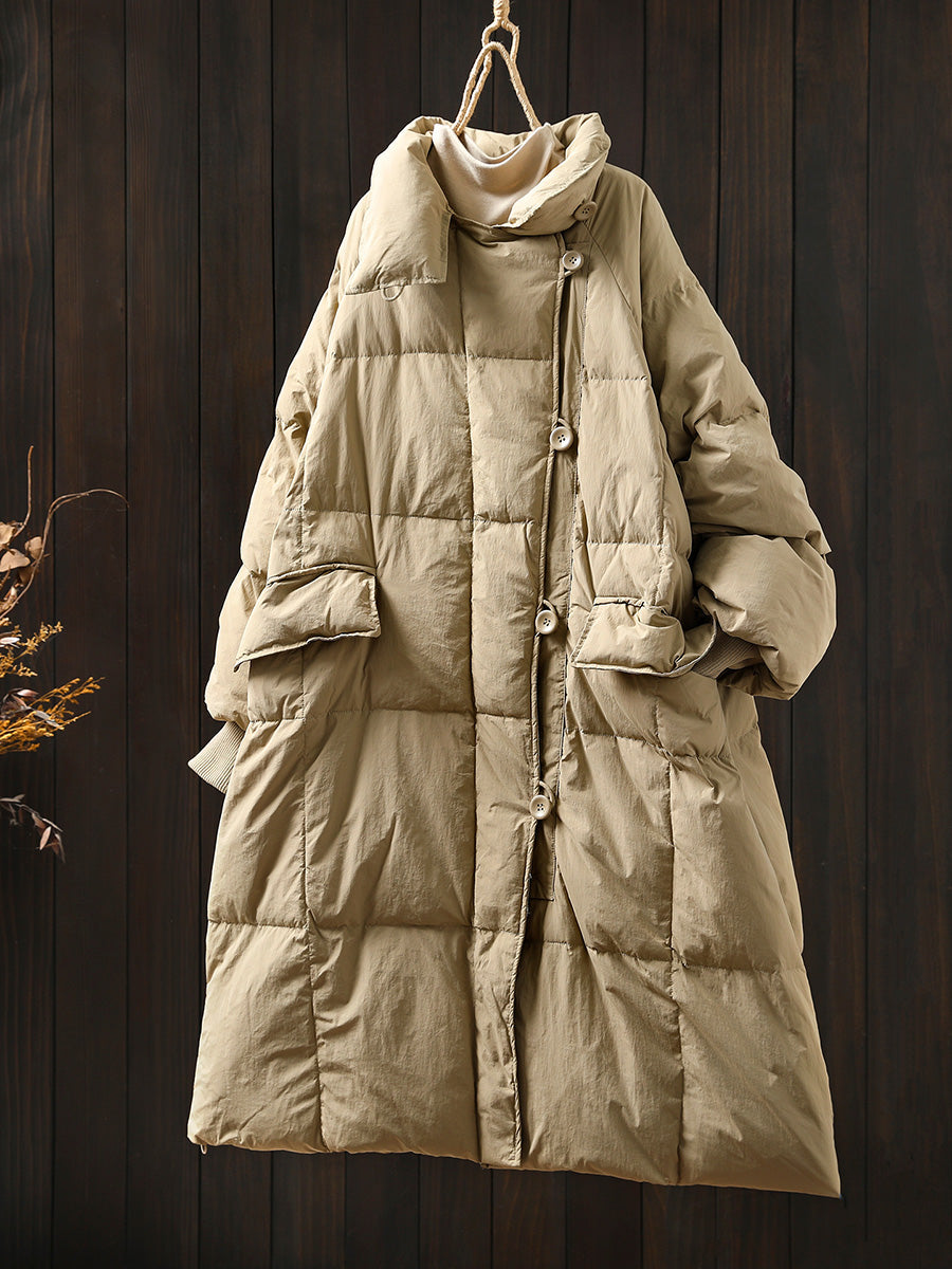 Women Autumn Casual Pure Color Stand Collar Down Coat