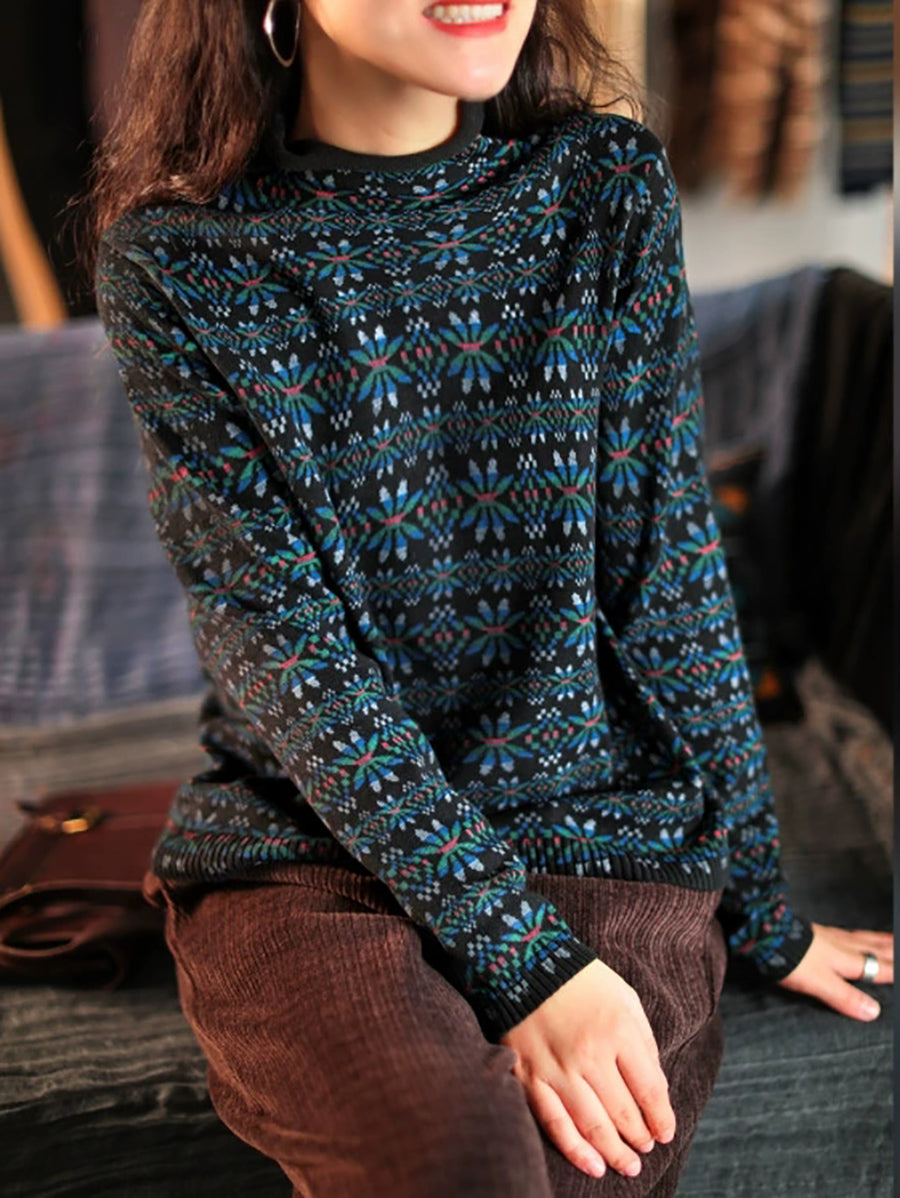 Plus Size Women Vintage Floral Turtleneck Warm Pullover Sweater