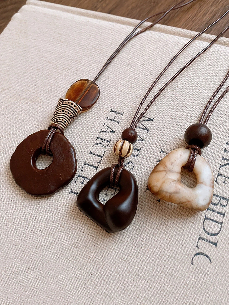 Irregular Geometric Wood Bead Resin Pendant Necklace
