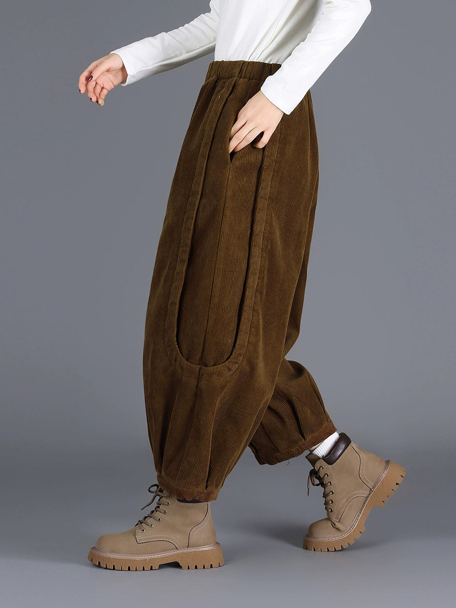 Plus Size Women Winter Casual Pure Color Corduroy Harem Pants