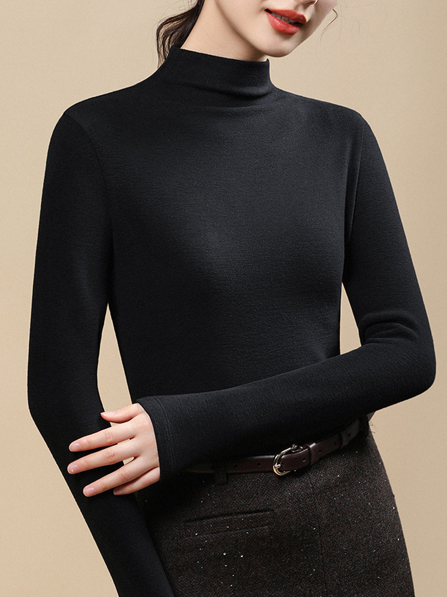Women Casual Autumn Pure Color Half-Turtleneck Blouse