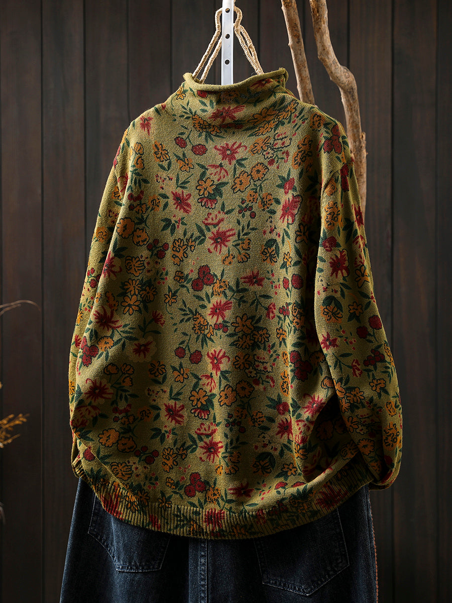 Women Vintage Autumn Flower Half-Turtleneck Sweater