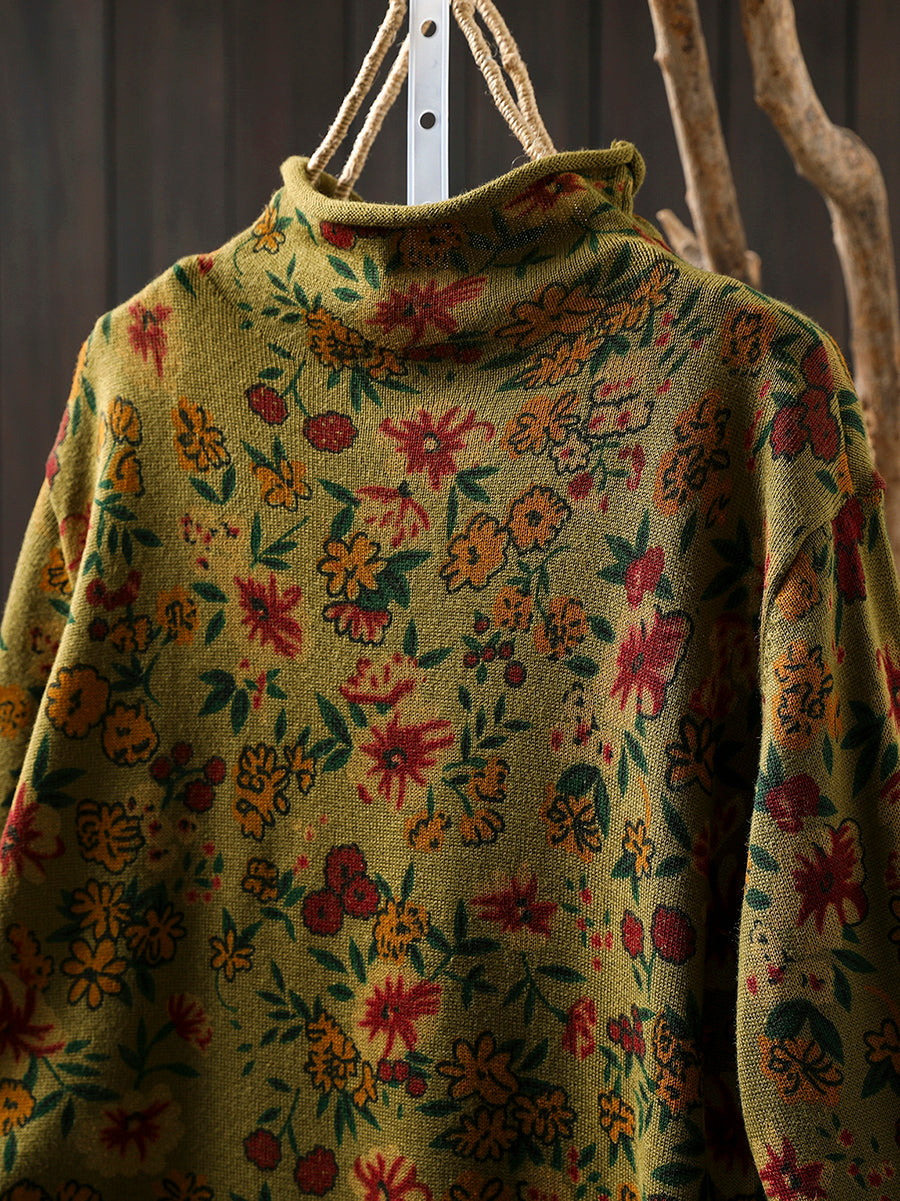 Women Vintage Autumn Flower Half-Turtleneck Sweater