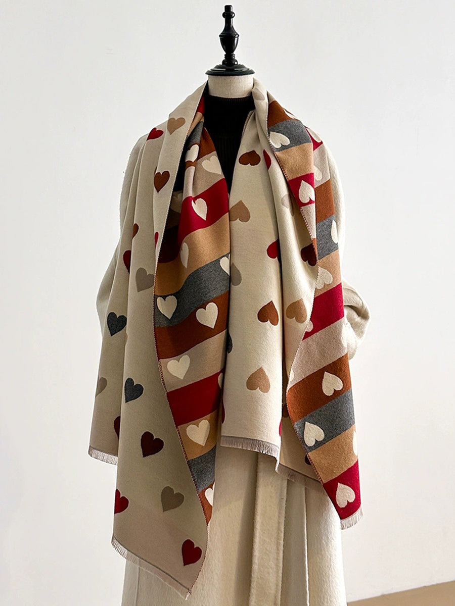 Women Fashion Heart Stripe Warm Shawl Scarf