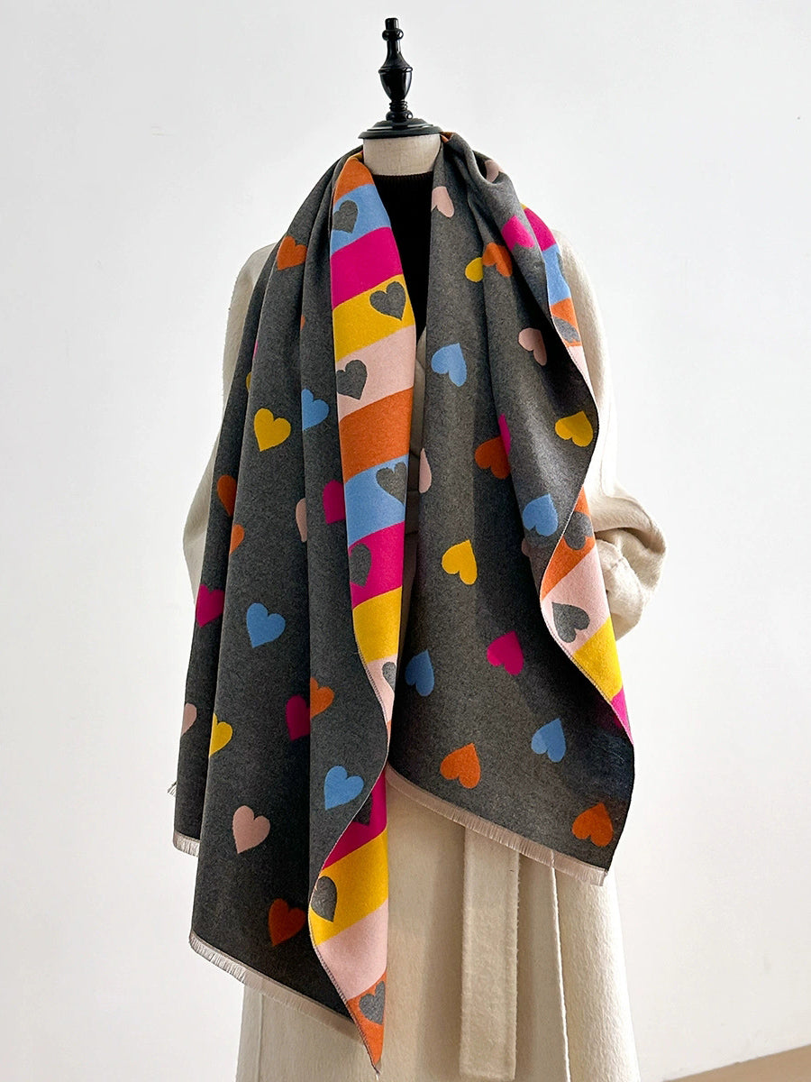 Women Fashion Heart Stripe Warm Shawl Scarf