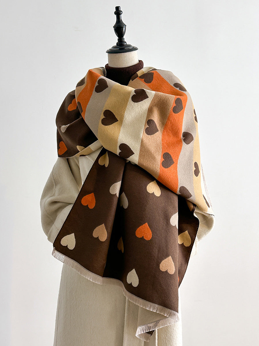 Women Fashion Heart Stripe Warm Shawl Scarf