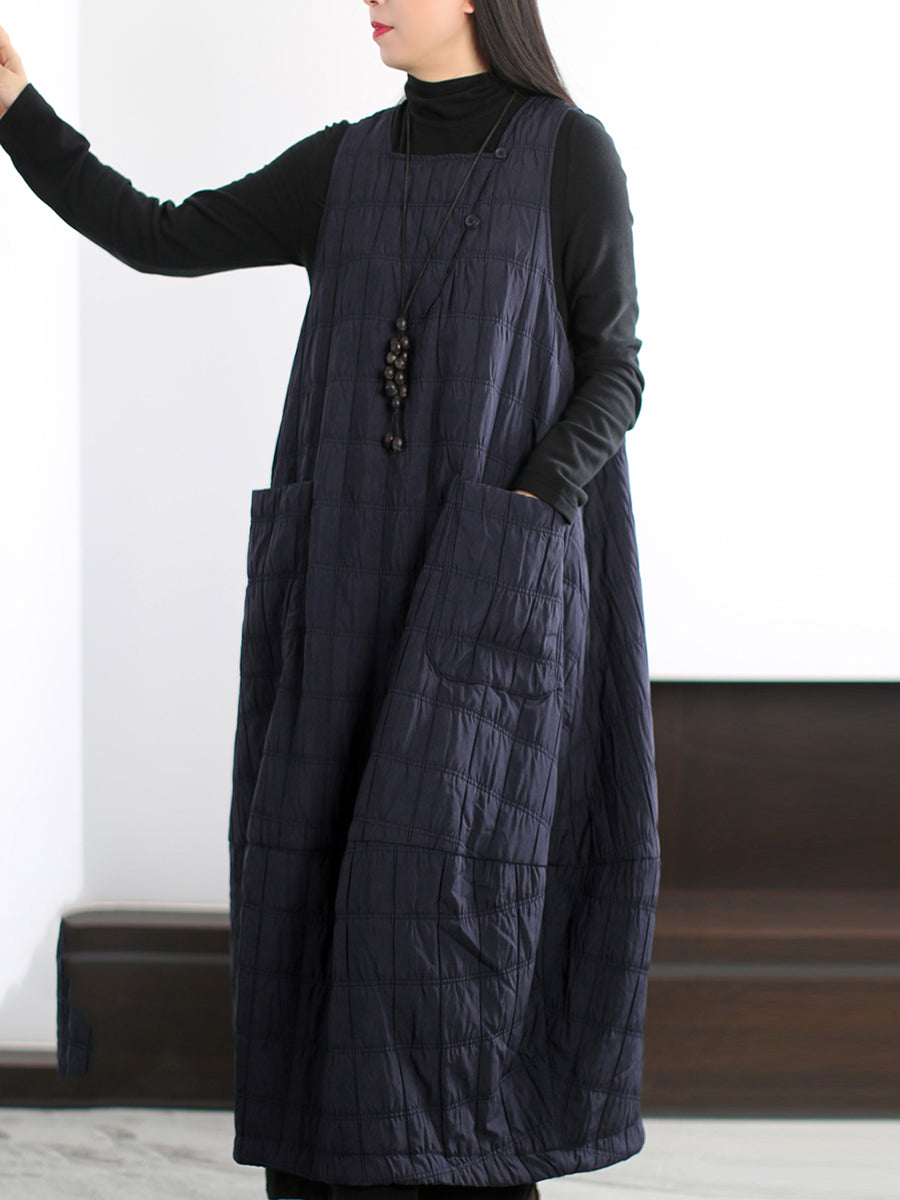 Plus Size Women Autumn Casual Pure Color Padded Vest Dress