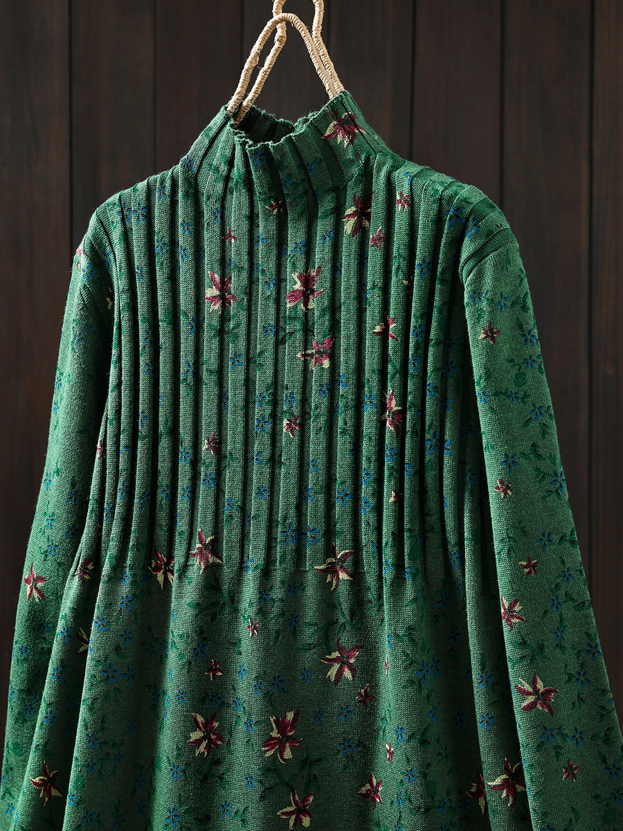 Women Autumn Vintage Floral Half-Turtleneck Knitted Dress
