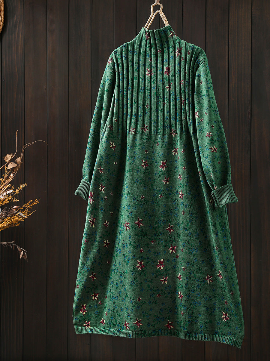 Women Autumn Vintage Floral Half-Turtleneck Knitted Dress
