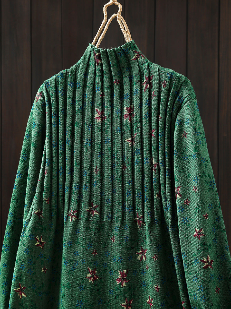 Women Autumn Vintage Floral Half-Turtleneck Knitted Dress