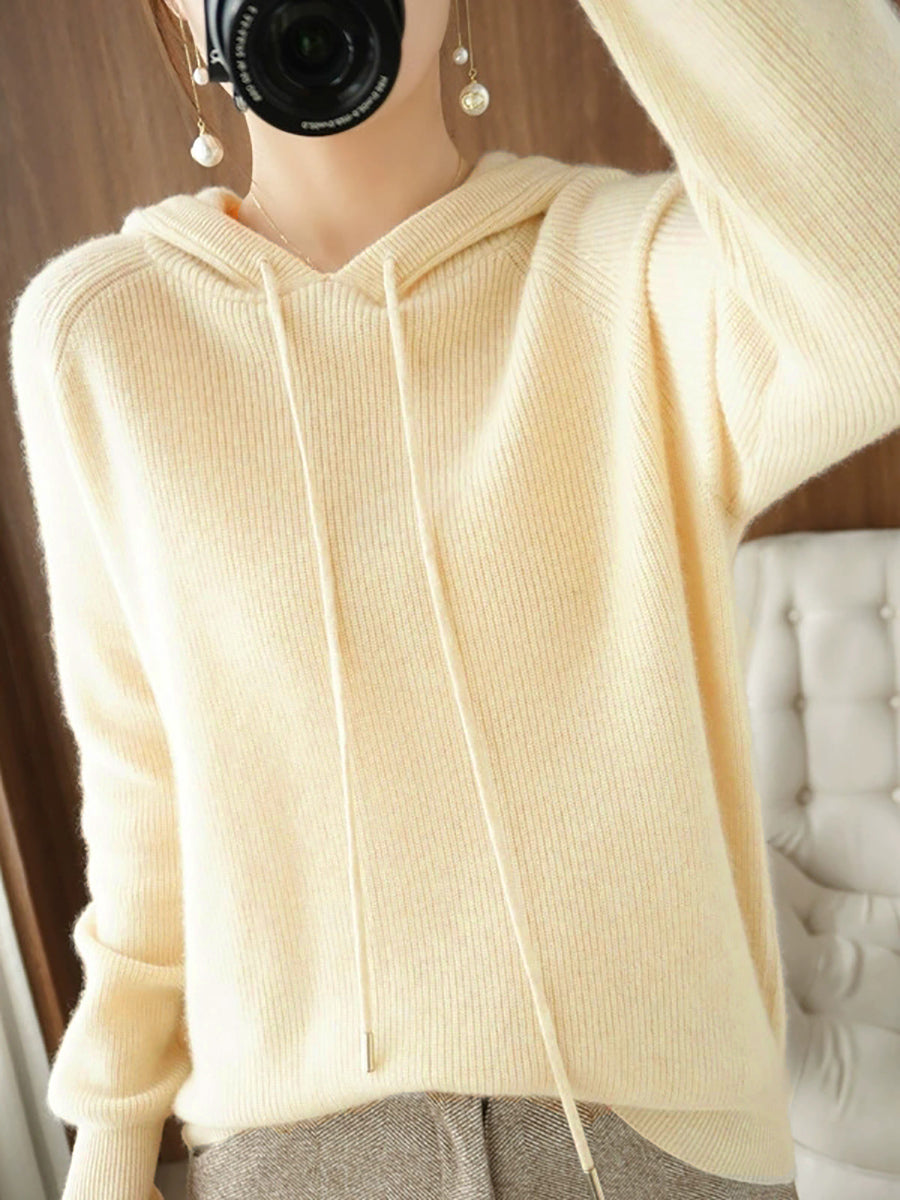 Women Autumn Casual Pure Color Hooded Sweater