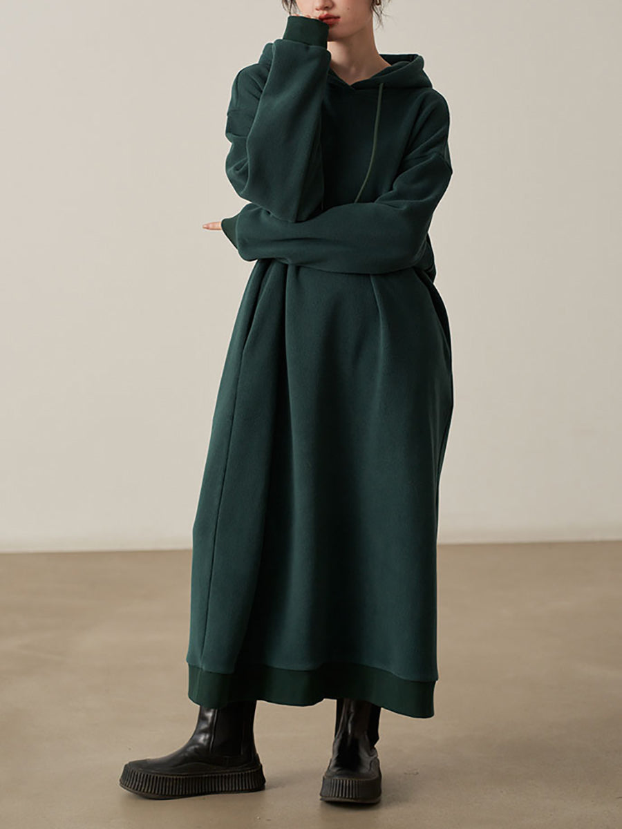 Plus Size Women Autumn Pure Color Fleece Hooded Dress