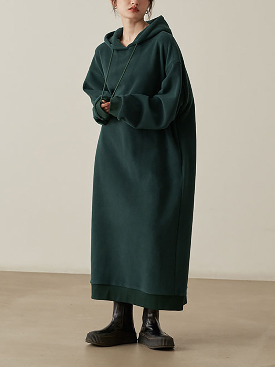 Plus Size Women Autumn Pure Color Fleece Hooded Dress