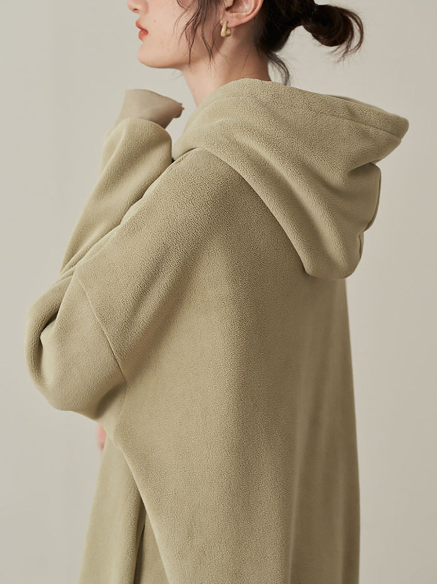 Plus Size Women Autumn Pure Color Fleece Hooded Dress