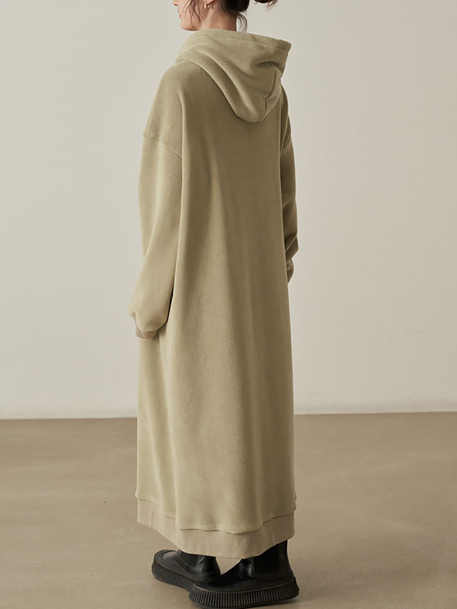 Plus Size Women Autumn Pure Color Fleece Hooded Dress