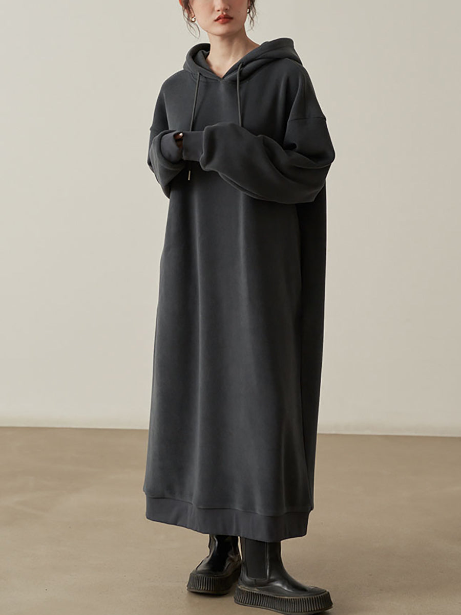 Plus Size Women Autumn Pure Color Fleece Hooded Dress