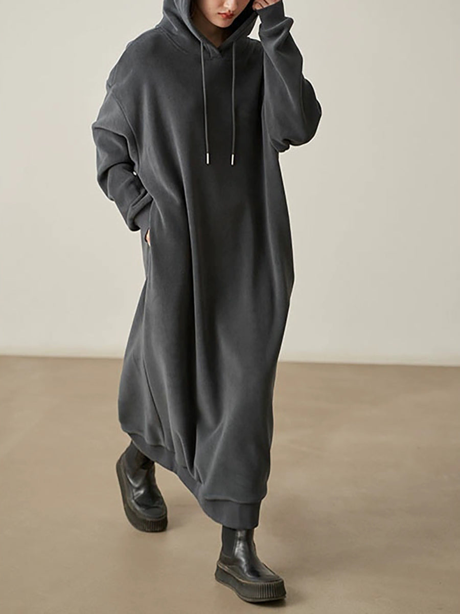 Plus Size Women Autumn Pure Color Fleece Hooded Dress