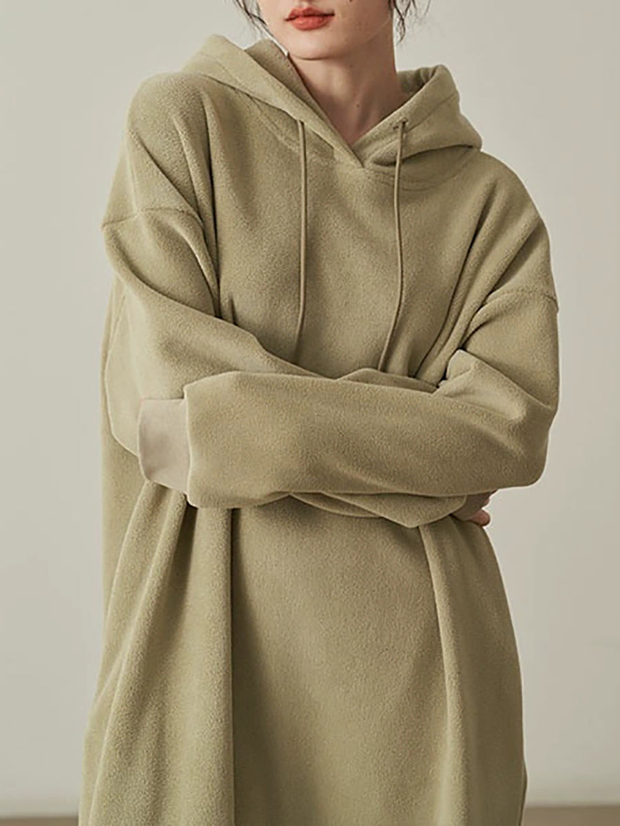 Plus Size Women Autumn Pure Color Fleece Hooded Dress
