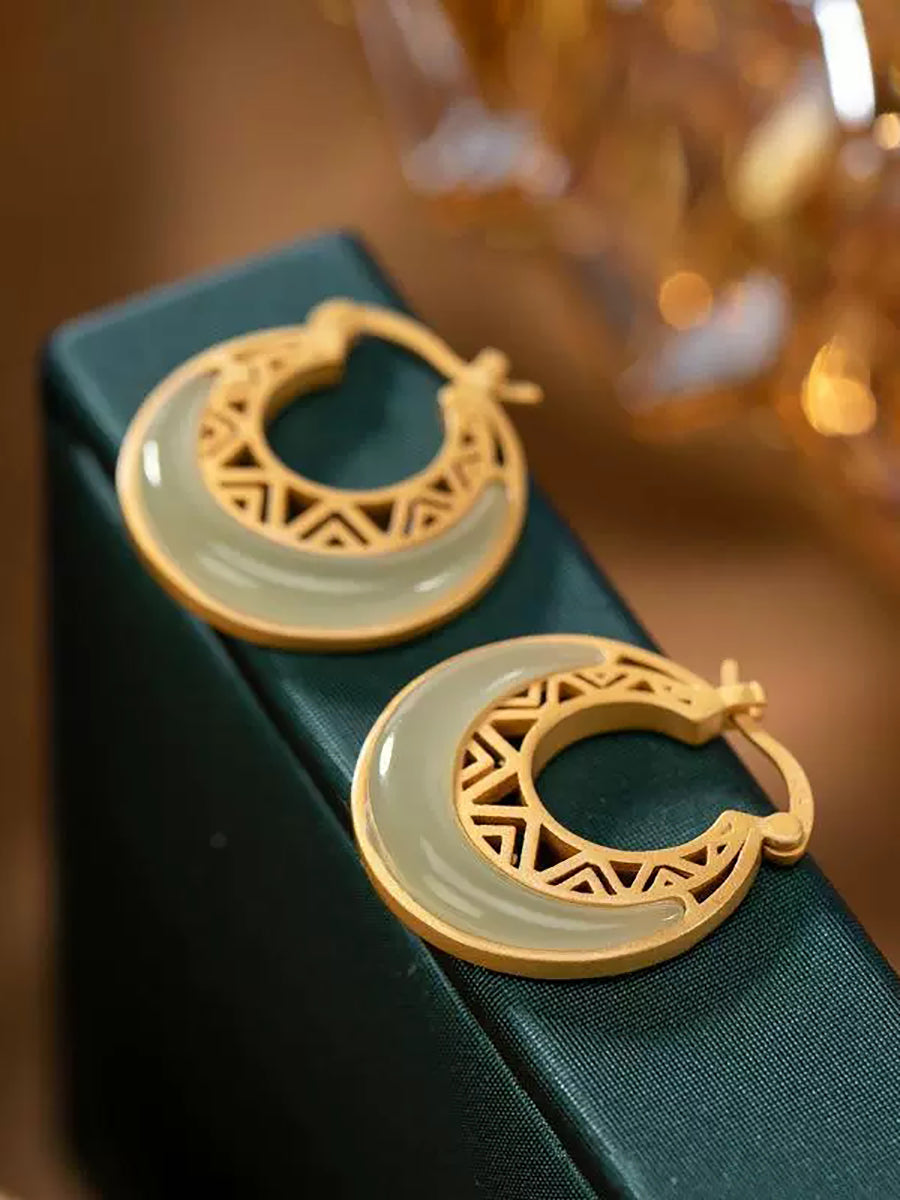 Women Vintage Jade Moon Alloy Earrings