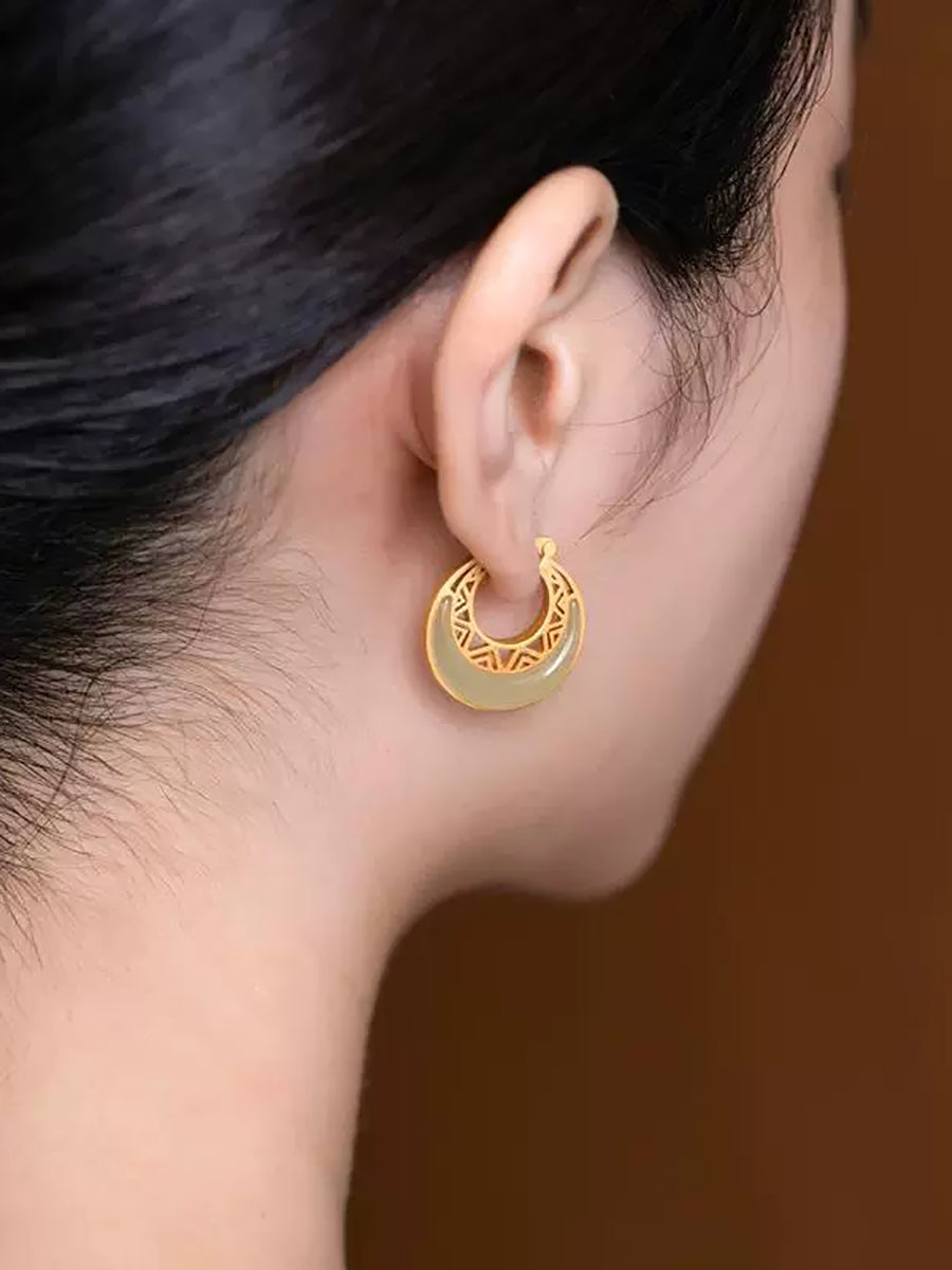 Women Vintage Jade Moon Alloy Earrings